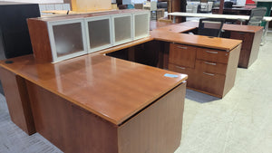 Cherry U-Shaped Desk with Wall-Mounted Hutch