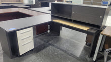 Load image into Gallery viewer, Gray L-Shaped Desk with Wall-Mounted Hutch
